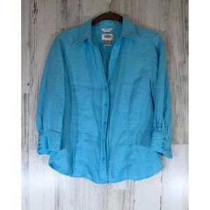Talbots Button Down Shirt Size Medium Turquoise Blue 3/4 Sleeve Irish Linen